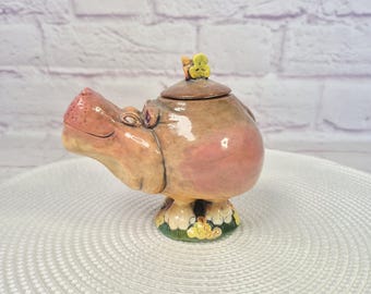 DaNisha Art Pottery Hippo With Lid - Limited Edition 20/1750 - Hand Painted Studio Art Pottery - Whimsical Hippo Sculpture - Collectible Art