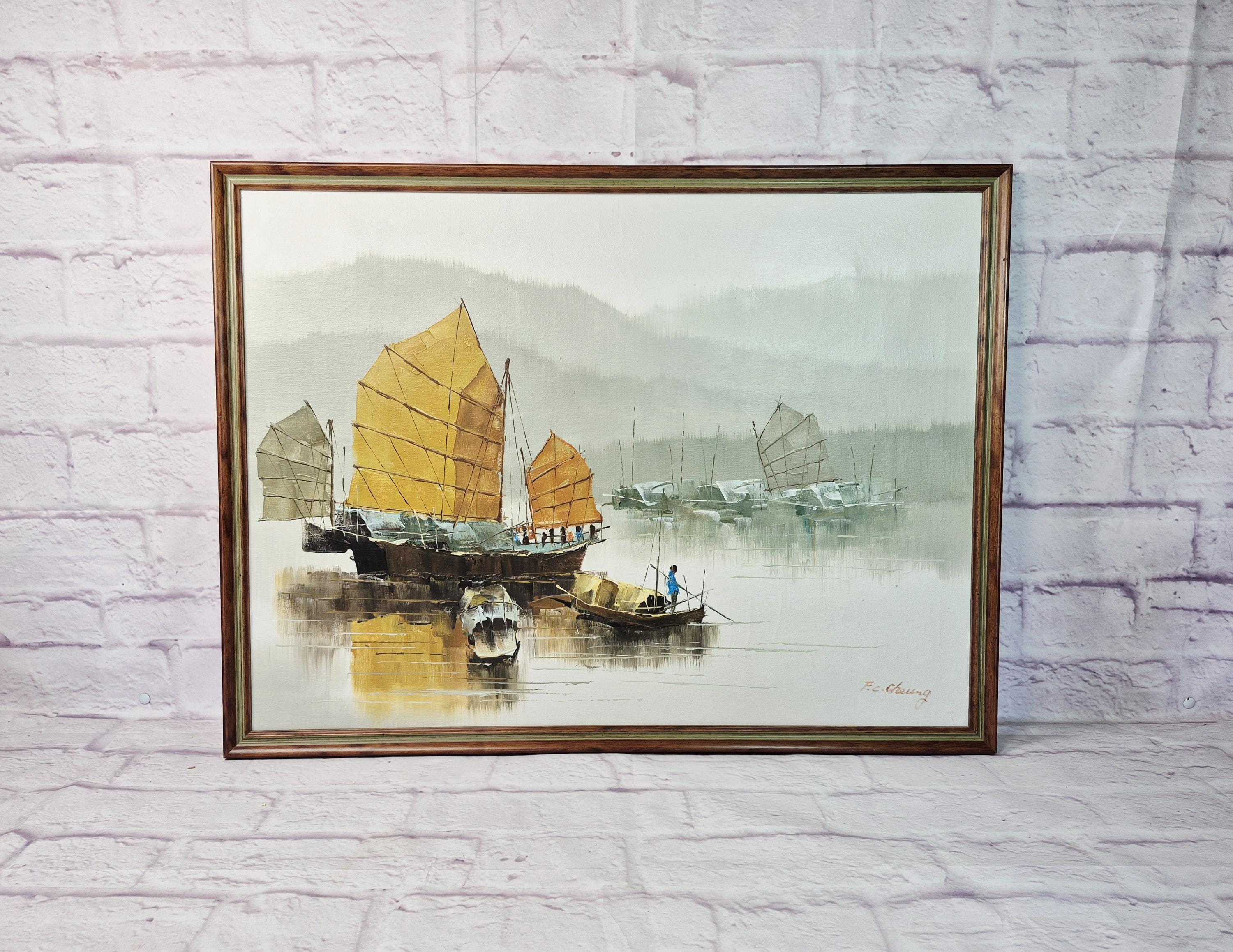 ヴィンテージ 油彩画 ジャンク船 夕景 海景画 Chinese Junk Boat Paintings - Etsy