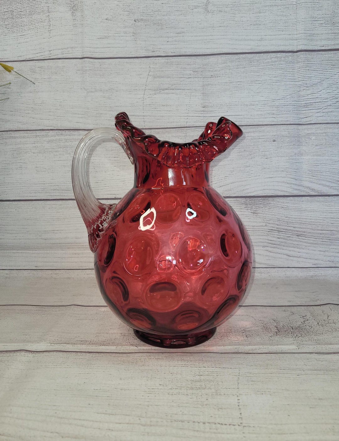Fenton Cranberry Coin Dot Ruffled Glass Pitcher – 10” Large Vintage ...
