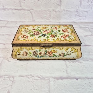 Vintage Floral Pattern Tin with Hinged Lid - Made in Holland - Antique Tin Candy Box Decor