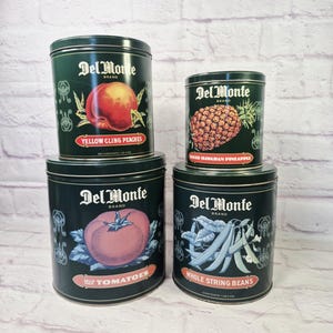 Vintage Del Monte Tin Canister Set Tomatoes, String Beans, Cling Peaches, Hawaiian Pineapple | Set of 4 | Metal Tin Canisters With Lids