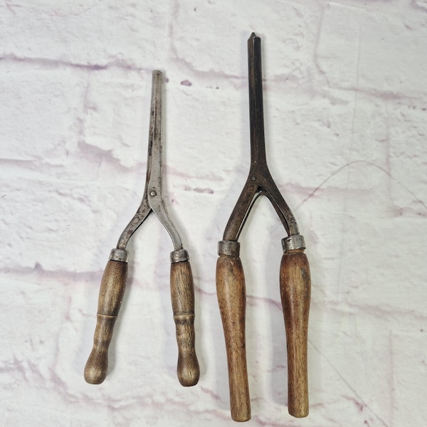Pair Antique Wood Hairdresser's Tools - Antique Hot Curling Irons - Antique Hairstyling Tools - Salon Decor - Vintage Curling Irons