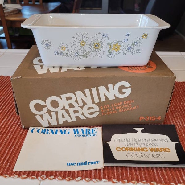 Vintage Corning Ware FLORAL BOUQUET Bread Pan | New In Open Box with Instructions | 2 Quart Loaf Pan | Corning Ware P-315-B