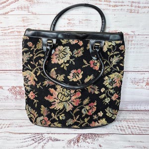 Vintage Carpet Bag, Large Needlepoint Handbag, &quot;Mary Poppins&quot; Carpet Bag - Black Floral Tapestry Carpet Bag Leather Black Floral Purse