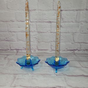 Pair Vintage Fenton Glass Candle Holders Light Blue Glass/Blue Sapphire, Fenton Glass Candle Holders Lotus Pattern, 3 Toed - Fenton Glass