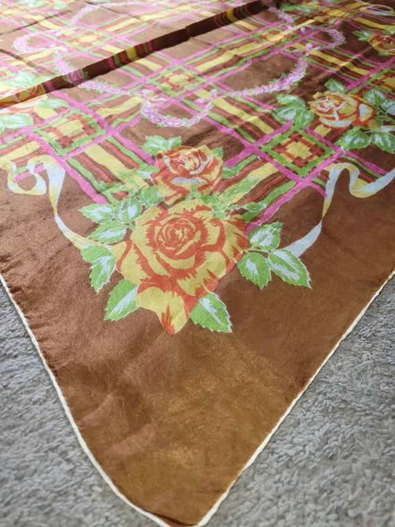 Vintage 50's Silk Scarf - Roses and Plaid Silk Sca