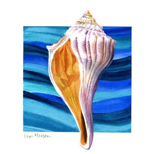 Original watercolor of Sea shell in Blue Water background