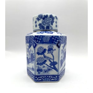 Antique Chinese Blue Flow Hexagonal Ginger Jar