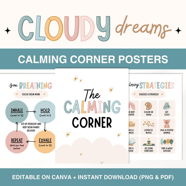 Calming Corner Poster, Calm Down Corner Display, Regenbogen Klassenzimmer Dekor, Lehrer druckbar, Atemtechniken, Gefühlstabelle
