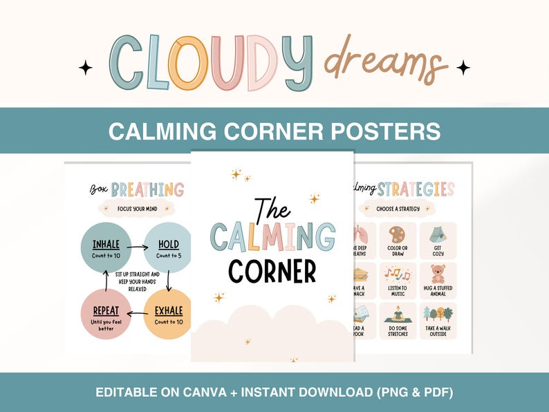 Affiches pour un coin calme, Décoration pour un coin sérénité, Décoration arc-en-ciel pour la classe, Documents à imprimer pour les enseignants, Techniques de respiration, Tableau des émotions image 1