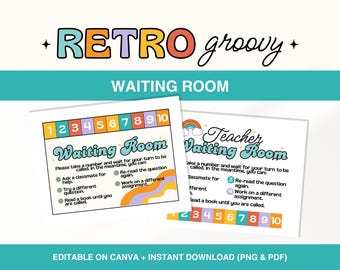 Présentoir rétro groovy pour salle d'attente des enseignants, enseigne de salle d'attente de la salle de classe, gestion de classe, affiches imprimables de la salle de classe, modèles pour enseignants