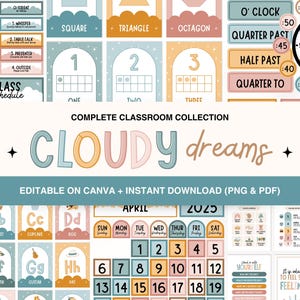 Regenbogen Klassenzimmer Dekor Bundle, bearbeitbare wolkige Träume Klassenzimmer druckbare Bundle, Klassenzimmer Organisation, Lehrer Vorlagen