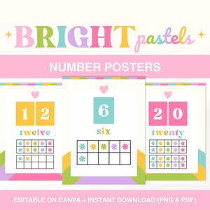 Printable Number Posters for Classroom, School Number Poster, Colorful Number Card with Ten Frames, Pastel Classroom Decor, Canva Template
