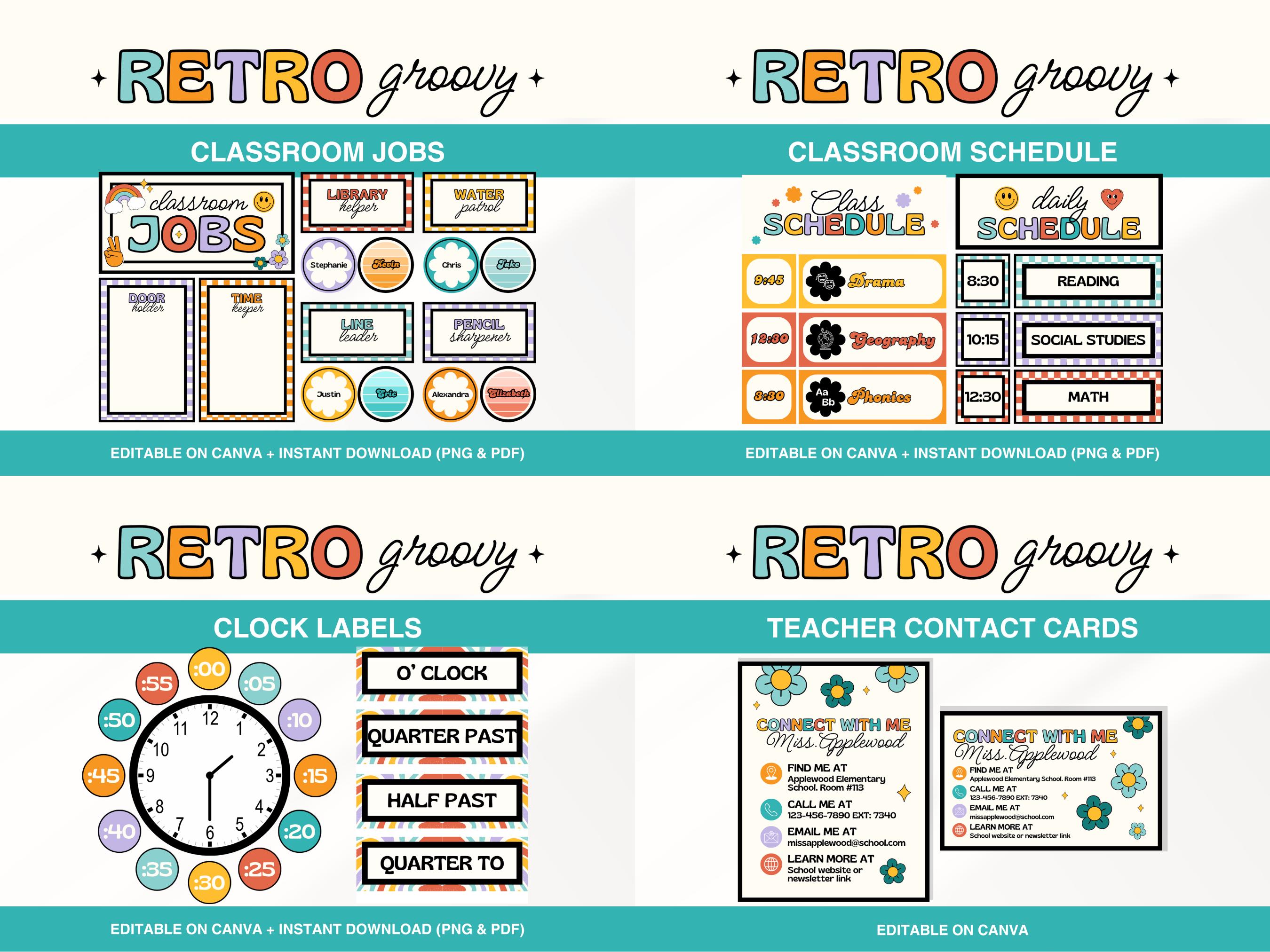 Retro Groovy Classroom Decor Bundle, Editable Bright Colorful Classroom ...
