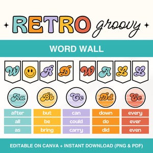 Printable Classroom Word Wall, Editable Word Wall Display, Retro Groovy Classroom Literacy Decor Theme, Vocabulary School Words Walls