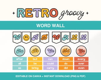 Printable Classroom Word Wall, Editable Word Wall Display, Retro Groovy Classroom Literacy Decor Theme, Vocabulary School Words Walls