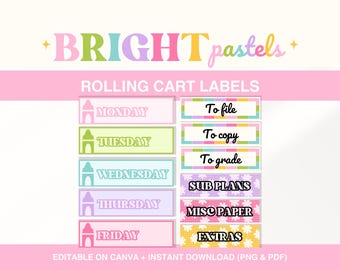 Classroom Rolling Cart Labels, 12 Drawer Cart Labels, Editable Teacher Cart Labels, 10 Drawer Label, Printable Bright Pastel Trolley Labels