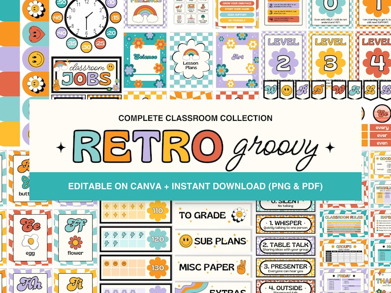 Retro Groovy Classroom Decor Theme Bundle, Editable Bright Classroom ...