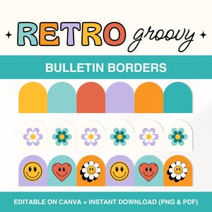 Groovy Retro Classroom Bulletin Board Borders, Printable Groovy Smiley Face Borders, Daisy Bulletin Board Border, Retro Groovy Borders