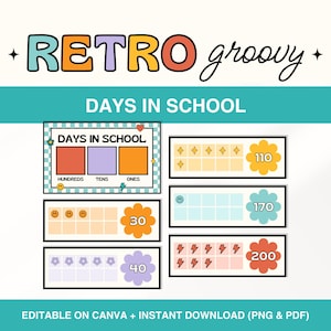 Retro Groovy Days in School Template, Days in School Countdown Chart, Printable Classroom Tally Chart to 100, 100 Days of School Counting