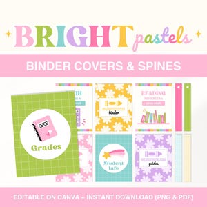 Classroom Binder Covers and Spines, Editable Bright Pastel Binder Cover, Teacher Organization, Printable Teacher Binder Canva Template