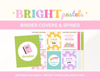 Classroom Binder Covers and Spines, Editable Bright Pastel Binder Cover, Teacher Organization, Printable Teacher Binder Canva Template