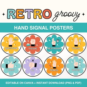 Groovy Classroom Hand Signals Posters, Editable Hand Sign Poster Display, Retro Classroom Decor, Printable Student Hand Signal Pack, Canva