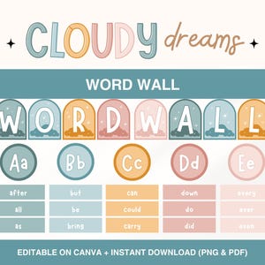 Mural de palavras para sala de aula, cartões de parede com alfabeto para impressão, display de parede com palavras editáveis, decoração de alfabetização em arco-íris para sala de aula, mural de palavras com vocabulário