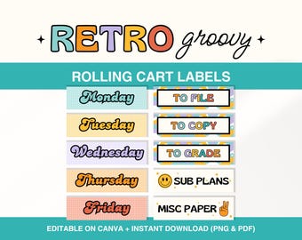 12 Drawer Cart Labels, 10 Drawer Label, Editable Teacher Cart Labels, Classroom Rolling Cart Labels, Printable Retro Groovy Trolley Labels