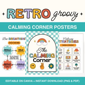 Calming Corner Posters, Calm Down Corner Display, Retro Groovy Classroom Decor, Teacher Printable, Breathing Techniques, Feelings Chart