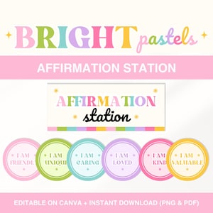 Pastel Classroom Affirmation Station Cards, Classroom Display, Bright Classroom Decor, Educational Printables for Teachers, Canva Template