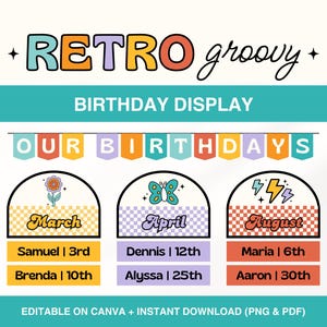 Printable Birthday Bulletin Board, Retro Groovy Classroom Birthday Display, Preschool Birthday Chart, Editable Classroom Management Decor