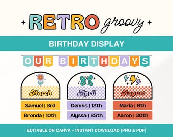 Printable Birthday Bulletin Board, Retro Groovy Classroom Birthday Display, Preschool Birthday Chart, Editable Classroom Management Decor