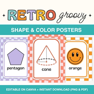 3D Shapes and Color Posters for Classroom, Retro Groovy Classroom Decor Display, Editable 2D Shape Charts, Printable Educational Posters