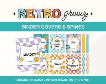 Teacher Binder Covers and Spines, Editable Retro Groovy Binder Cover, Teacher Organization, Printable Classroom Binder, Canva Template