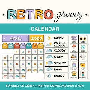 Retro Groovy Klassenzimmer Kalender Set, Kalenderanzeige mit Wetterstation und Jahreszeiten, druckbares Bulletin Board Kalender Set für das Vorschulalter