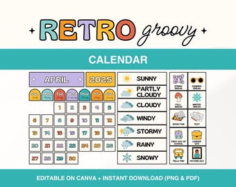 Retro Groovy Classroom Calendar Set, Calendar Display with Weather Station and Seasons, Printable Preschool Bulletin Board Calendar Set