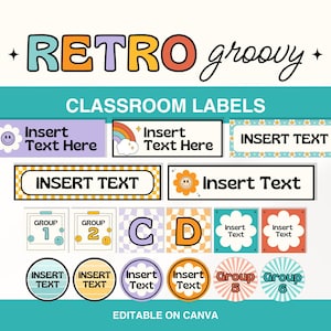 Bewerkbare Groovy Classroom-labelsjablonen, Retro Classroom-indeling, Kleurrijke klassenemmer + ladelabels, Bright Teacher Toolbox-labels,