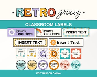 Plantillas de etiquetas para aulas editables y divertidas, organización retro del aula, etiquetas coloridas para contenedores y cajones de clase, etiquetas brillantes para la caja de herramientas del profesor.