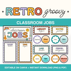 Groovy Classroom Job Chart, Bright Classroom Jobs Display, Editable Retro Groovy Classroom Management Decor Theme, Canva Template
