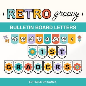 Groovy Bulletin Board Letters, Colorful Classroom Display Decor, Canva Lettering Display, Elementary Classroom Decoration, Canva Template