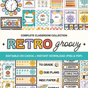 Retro Groovy Classroom Decor Bundle, Editable Bright Colorful Classroom Printable Bundle, Classroom Organization, Teacher Decor Templates
