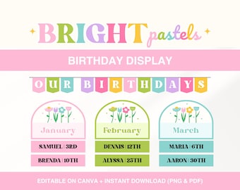 Exhibición de cumpleaños para el aula, tablón de anuncios de cumpleaños imprimible, gráfico de cumpleaños preescolar, decoración editable en tonos pastel brillantes para la gestión del aula