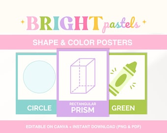 Shapes and Color Posters for Classroom, Bright Pastel Classroom Decor Display, Editable Shape Charts, Printable Educational Posters for Kids