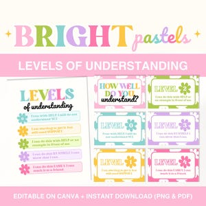 May include: A digital download with a pastel design. The image features the text "BRIGHT pastels" and "LEVELS OF UNDERSTANDING". It includes a chart with levels of understanding, each with a flower graphic and a description of the level. The download is editable on Canva and available in PNG and PDF formats.