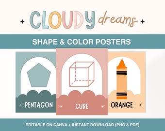 Shapes and Color Posters for Classroom, Rainbow Classroom Decor Display, Editable Shape Charts, Printable Educational Posters for Kids