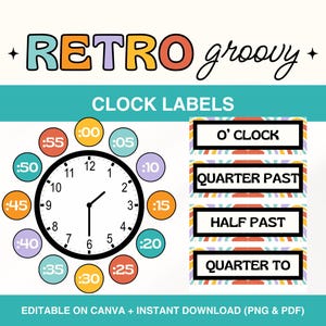 Retro Groovy Printable Classroom Clock Sign, Time Labels,Analog Clock Label, Learn to Tell Time Classroom Decor, Classroom Management