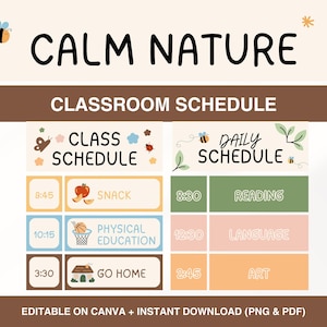 May include: A digital classroom schedule template titled CALM NATURE with two sections labeled CLASS SCHEDULE and DAILY SCHEDULE. It features icons of bees, flowers, a ladybug, an apple, a basketball, and a house, with text for times and activities.