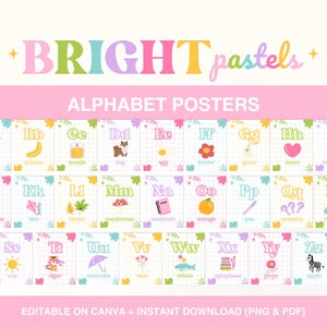 May include: A collection of alphabet posters with bright pastel colors. Each poster features a letter, a corresponding image, and a word. The posters are arranged in a grid pattern and are suitable for educational purposes.