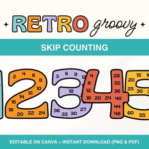 Bright Skip Counting Display, Retro Groovy Classroom Decor, Multiple Large Number Display, Skip Counting Chart, Math Posters, Multiplication